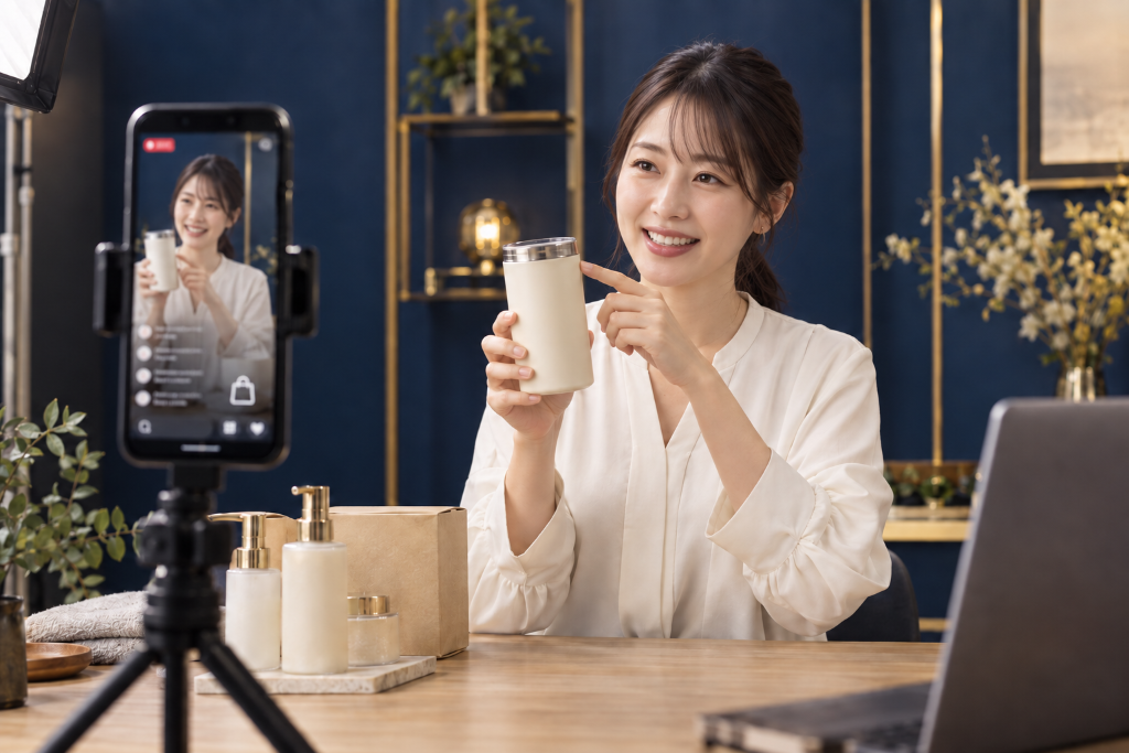 ライブコマースでスマートフォンに向けて商品を紹介する女性